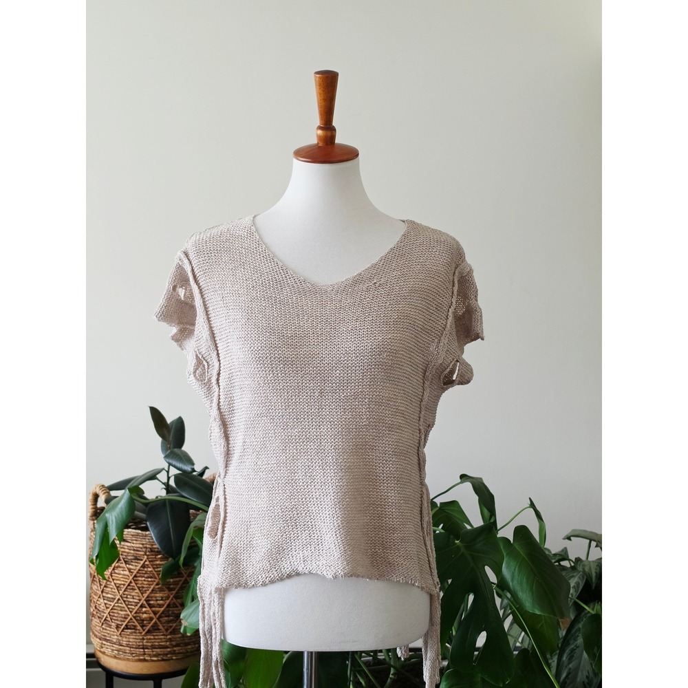 MARA GIBBUCCI Beige Lagenlook V-Neck Knit Top Side Tie Tassels Open Stitch M - Picture 3 of 16